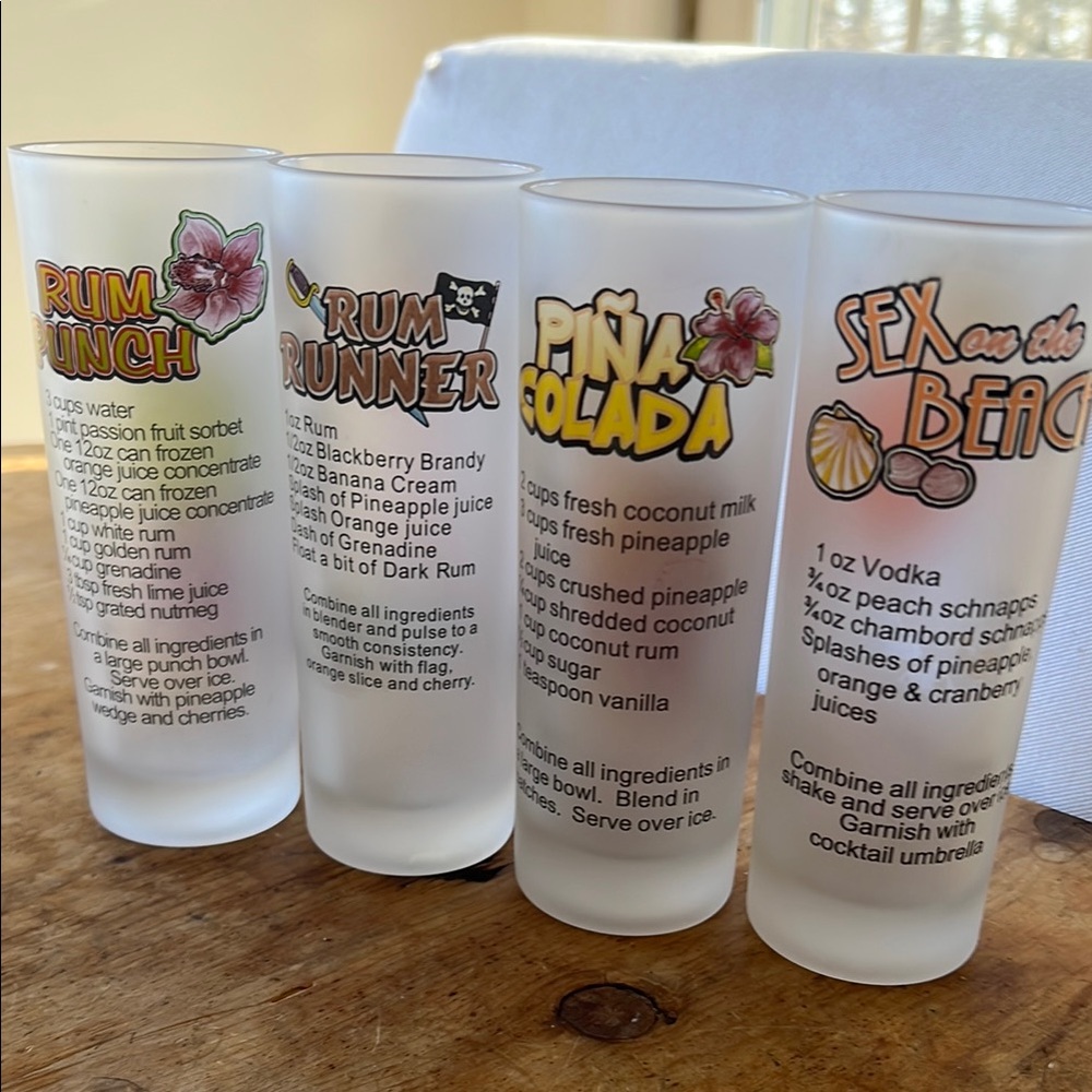 Set of 4 Frosted Tropical Summer Vacation Cocktail Recipe Full Size 8 oz Glasses